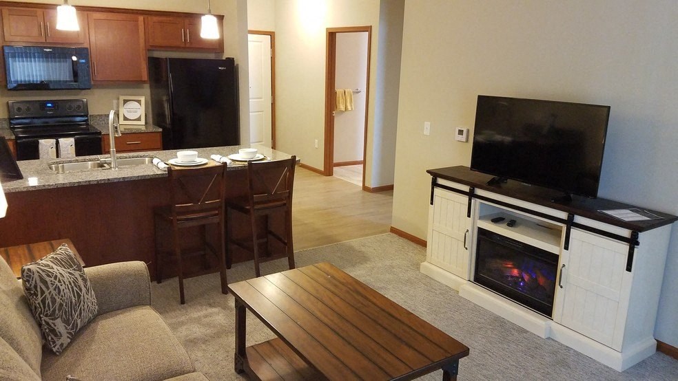 a living room and kitchen with a fireplace and a television