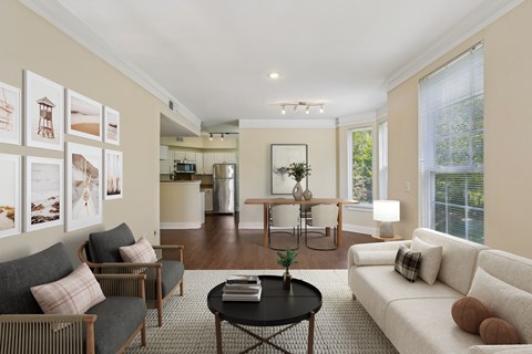 A living room with a grey couch, a black coffee table, and a white sofa.
