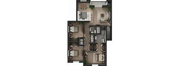 A 3D floor plan of a house with a kitchen, living room, and bathrooms.