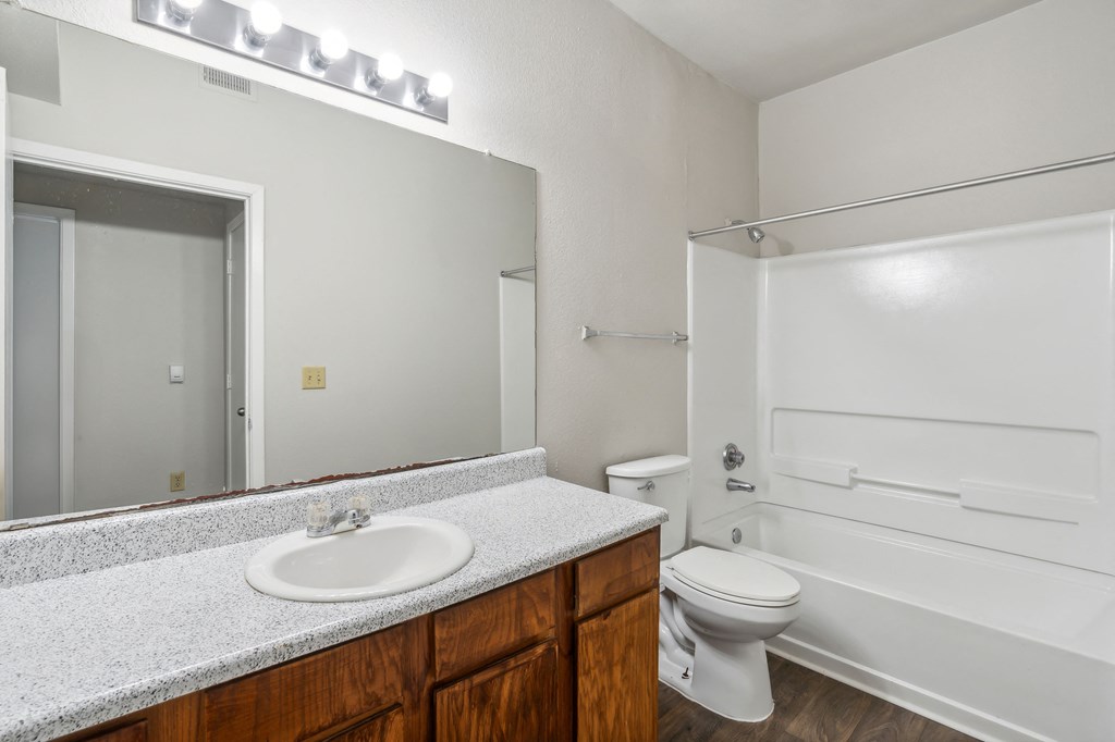 a bathroom with a sink toilet and shower and a mirror