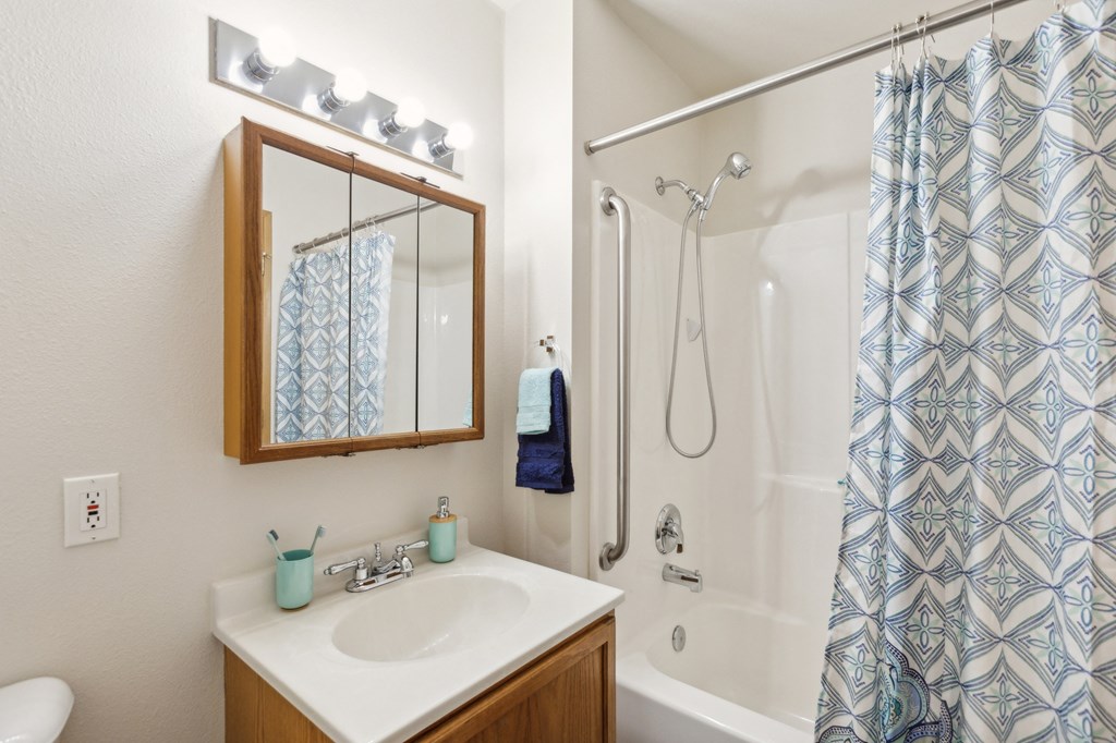 a bathroom with a shower and a sink and a mirror