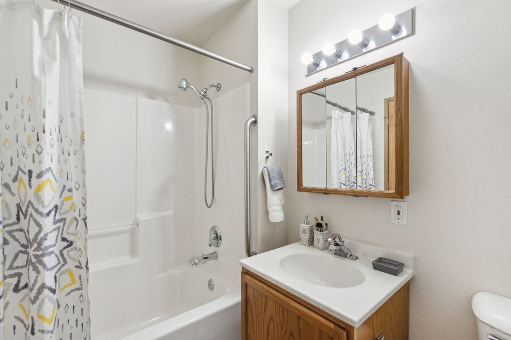 Modern apartment bathroom with a white bathtub and shower combination, a patterned shower curtain, and a vanity with a wooden cabinet and mirrored medicine cabinet. The space features bright vanity lighting, a grab bar for accessibility, and neatly arranged toiletries