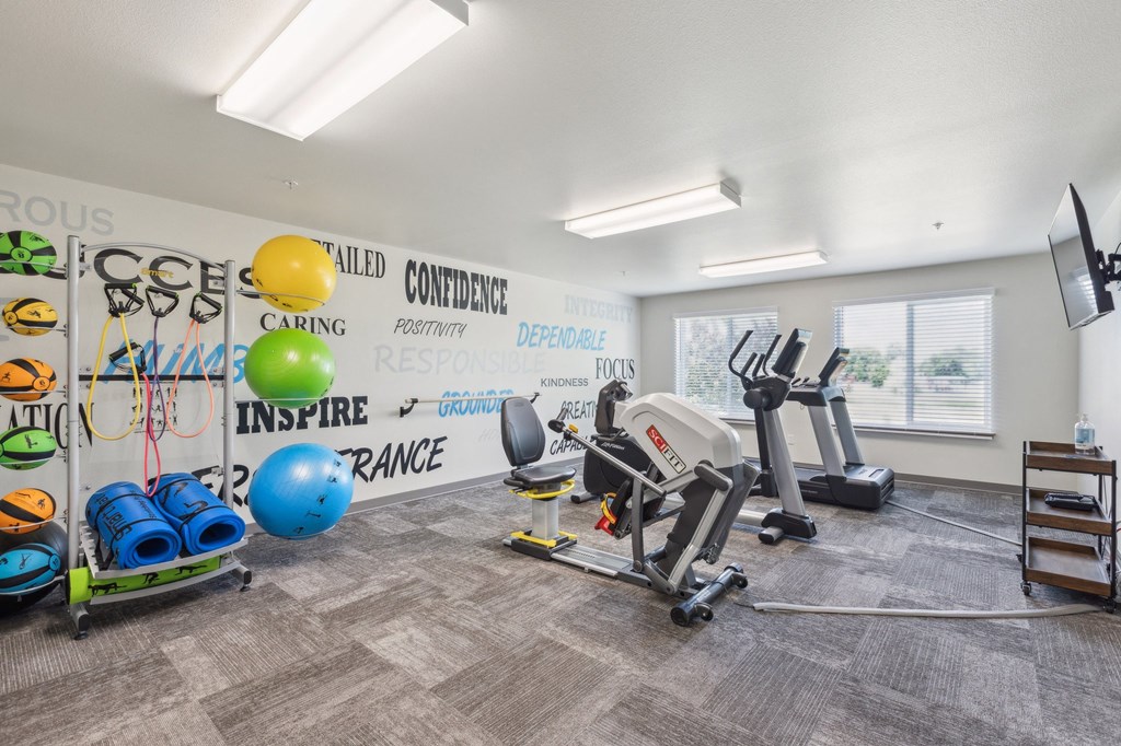 Apartment community fitness center featuring a recumbent bike, two treadmills, and a variety of workout equipment, including resistance bands, stability balls, and foam rollers. The well-lit space has large windows, carpeted flooring, and a wall-mounted TV for entertainment