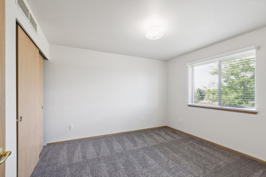 an empty room with carpet and a window