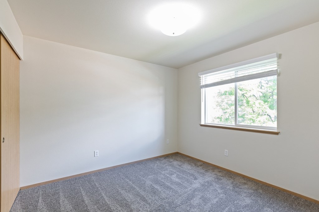 an empty living room with a window and carpet