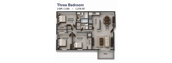 A 3 bedroom apartment with 2 bathrooms and a living room.