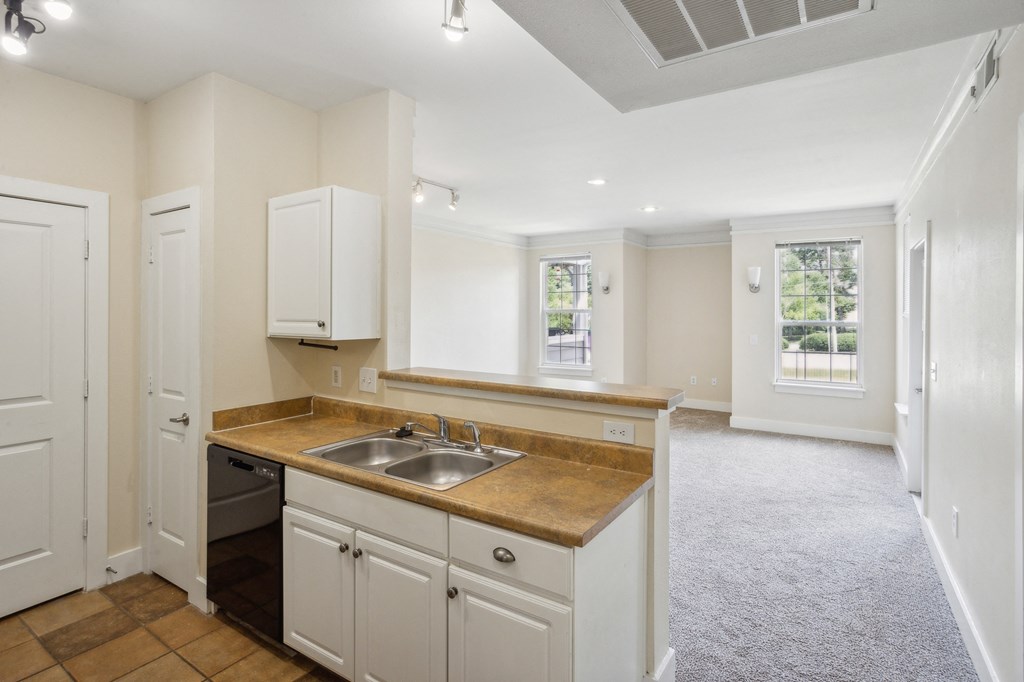 a kitchen with white cabinets and a sink and a window at Province of Briarcliff Apartments, Missouri, 64118