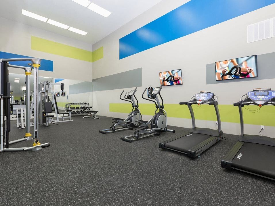 a group of exercise equipment in a room