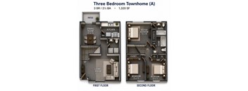 A diagram of a three bedroom townhome with a living room, dining room, kitchen, and bathrooms.