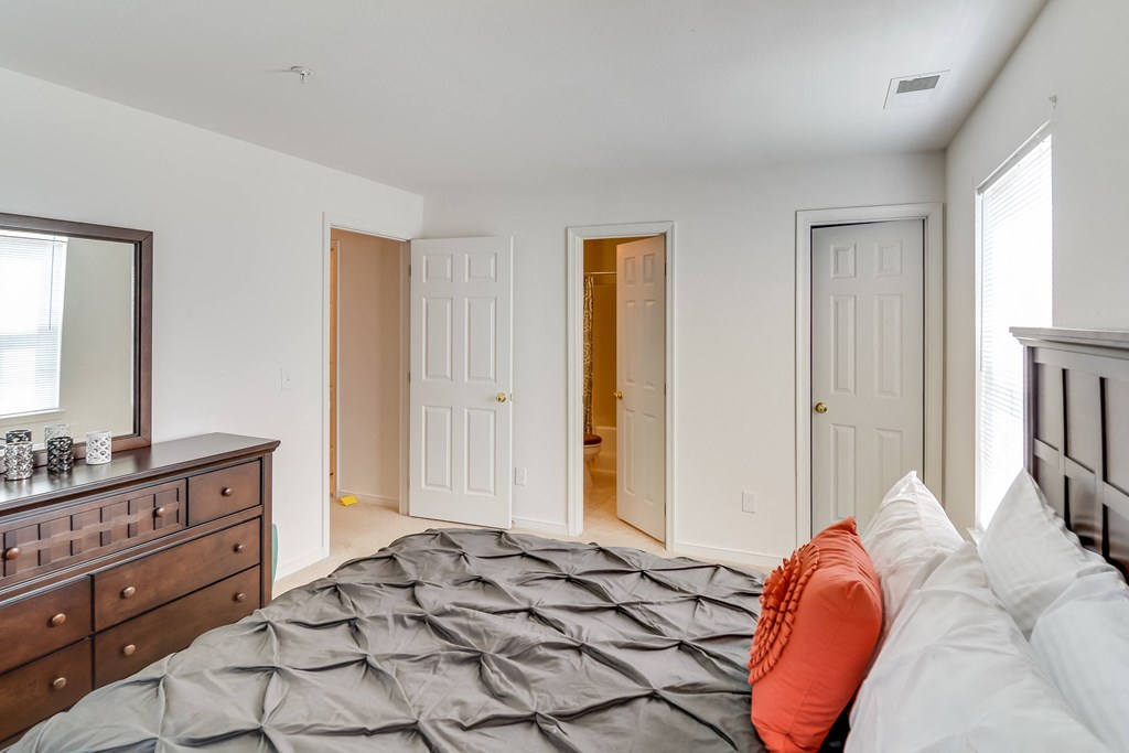 a bedroom with a bed and a dresser and a closet