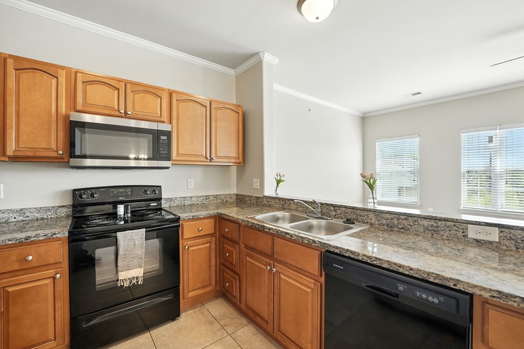 A kitchen with black appliances and wooden cabinets.