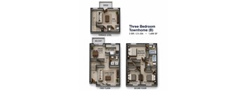 A diagram of a three bedroom townhouse layout.