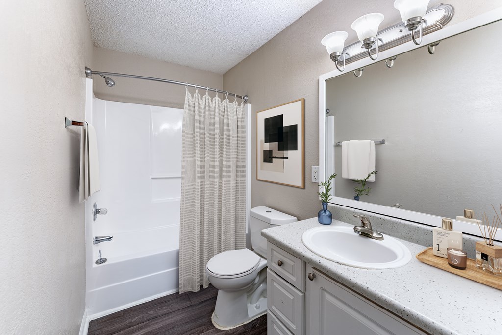 A bathroom with a toilet, sink, and shower.