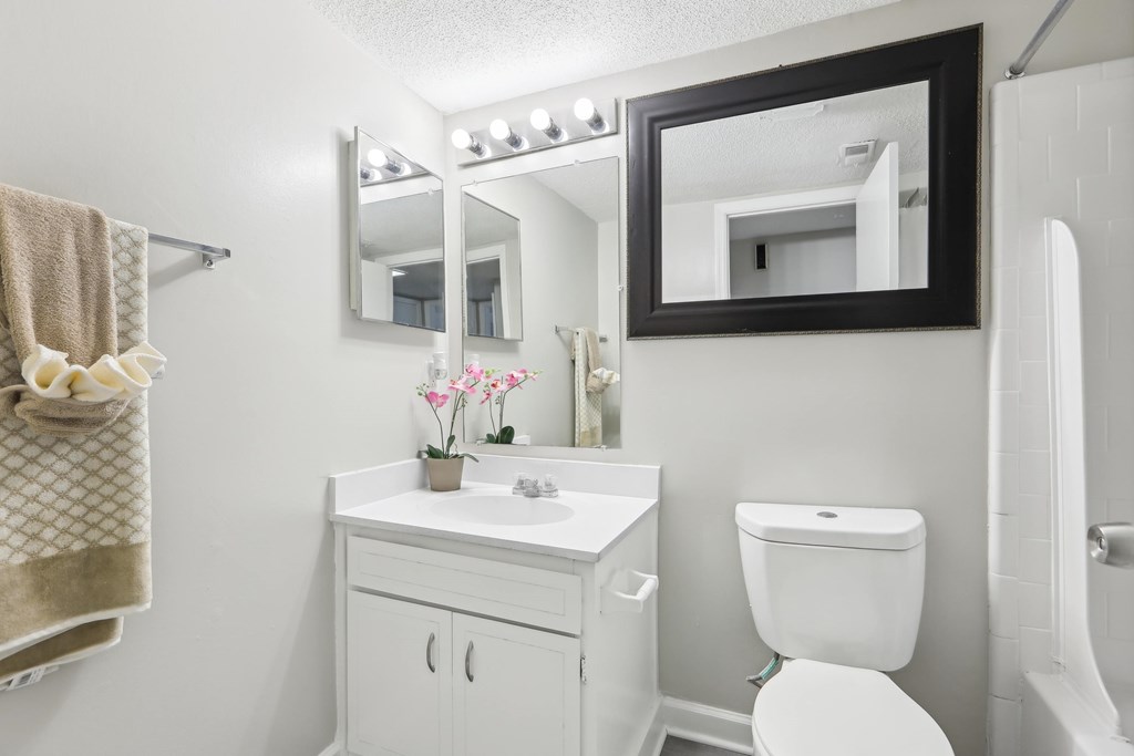 A white bathroom with a toilet, sink, and mirror.