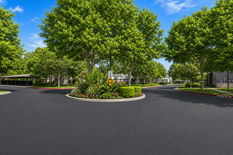 A roundabout with a sign and trees in the background.