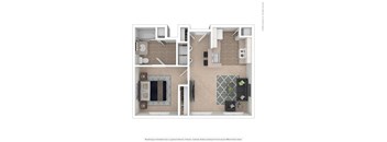 A floor plan of a small apartment with a kitchen, living room, and bathroom.