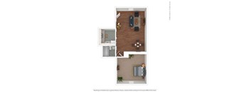 A floor plan of a small apartment with a kitchen, living room, and bathroom.