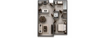 A diagram of a small apartment layout with a living room, dining room, kitchen, bathroom, and bedroom.