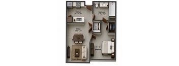 A floor plan of a small apartment with a kitchen, bathroom, dining area, and living room.