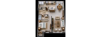 A floor plan of a house with a living room, dining room, kitchen, and bedrooms.