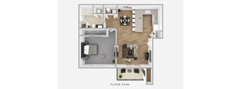 A floor plan of a house with a living room, kitchen, dining room, and bathroom.