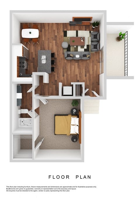 a stylized floor plan with a bedroom and a living room