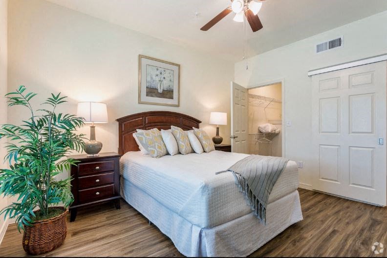 a bedroom with a large bed and a plant