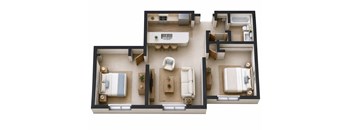 A top-down view of a house layout with a living room, dining area, kitchen, and bedrooms.