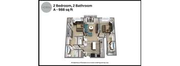 a floor plan of a 2 bedroom 2 bathroom a 989 sq ft
