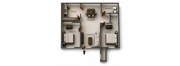 A 3D floor plan of a house showing a living room, dining area, kitchen, and two bedrooms.
