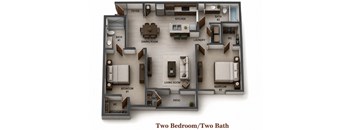 A diagram of a two bedroom/two bath apartment layout.