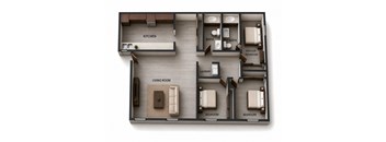 A floor plan of a house with a living room, kitchen, laundry, and three bedrooms.