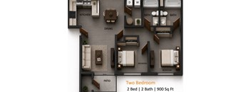 A floor plan of a two bedroom apartment with two bathrooms and a total area of 900 square feet.