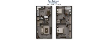 A diagram of a two bedroom townhouse with a living room, kitchen, dining room, and bathroom.