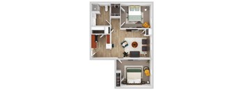 a stylized floor plan of a house with a bedroom and living room