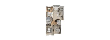 A floor plan of a house with two bedrooms, a living room, a kitchen, a dining room, a bathroom, and a storage area.