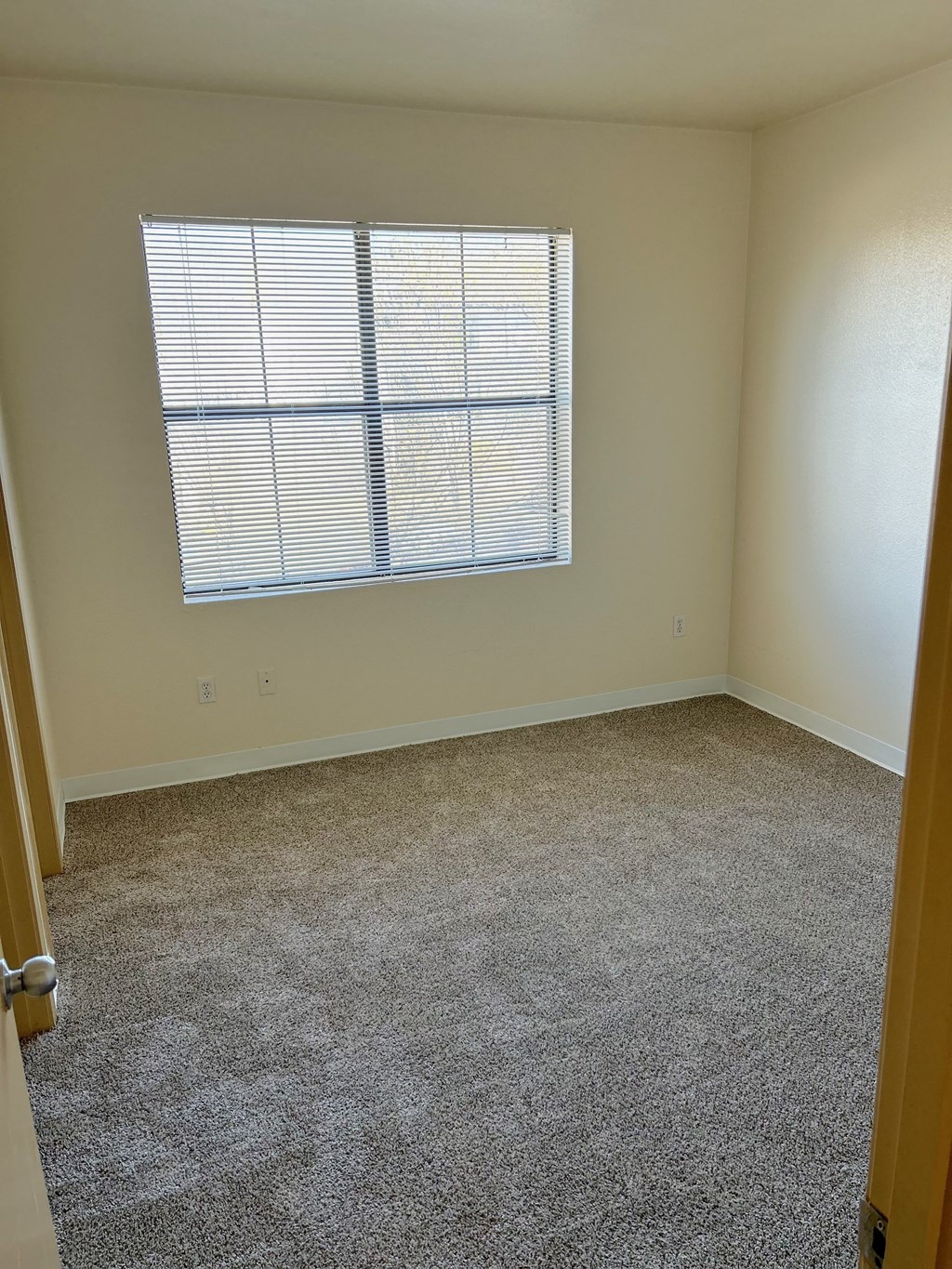 an empty room with a large window and carpet