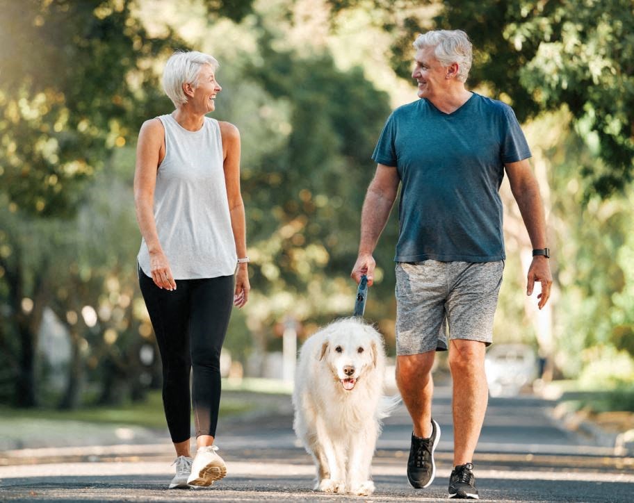 an older couple walking their dog in the park