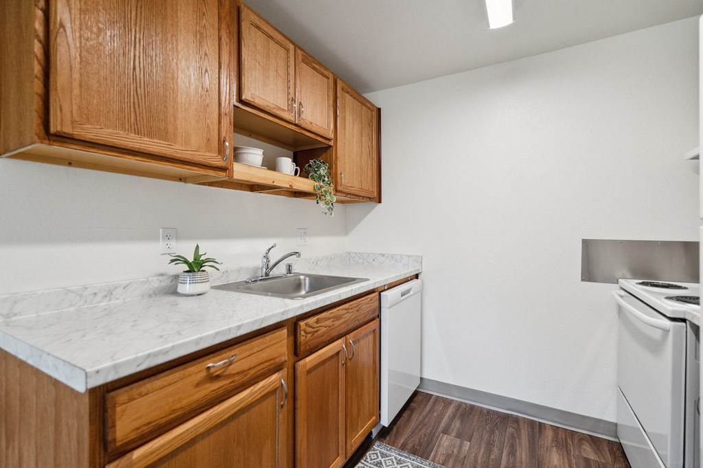 an empty kitchen with wooden cabinets and a sink