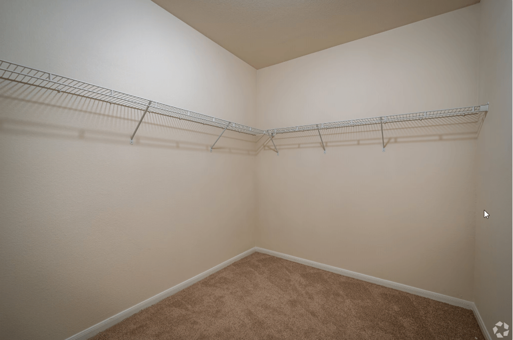 an empty room with white walls and beige carpet