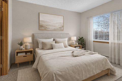A bedroom with a large bed, a nightstand with a lamp, and a painting on the wall.
