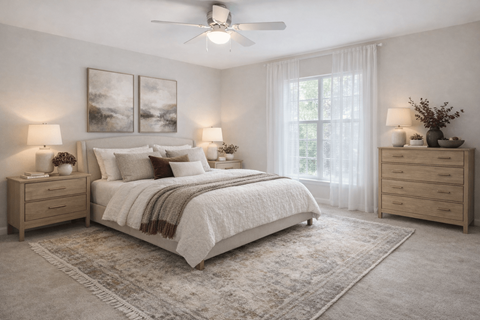 A bedroom with a large bed, two nightstands, and a ceiling fan.
