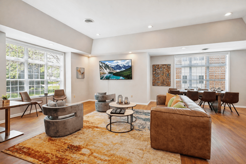 A living room with a brown couch and a rug.