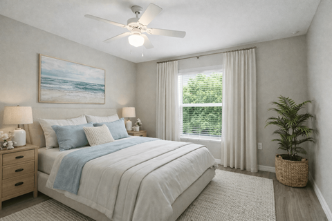 A bedroom with a large bed and a ceiling fan.