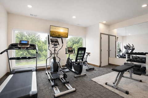 Fitness center with cardio and strength equipment at Lake Ridge Apartments, Minnesota