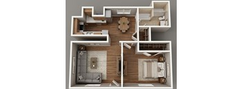 A top-down view of a modern apartment layout with a living room, kitchen, dining area, and bedrooms.