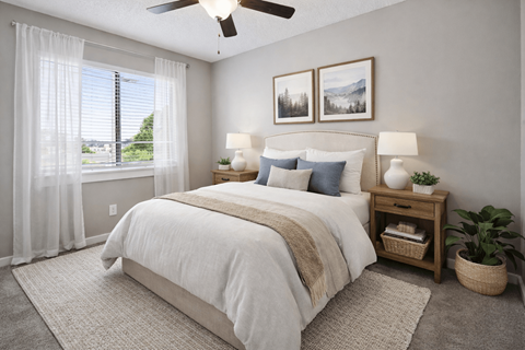 Bedroom with upholstered headboard and nightstands at Crestview Huntington Apartments, Concord, NC