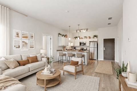 Open concept living room and kitchen at Lake Ridge Apartments, Prior Lake, MN 55379