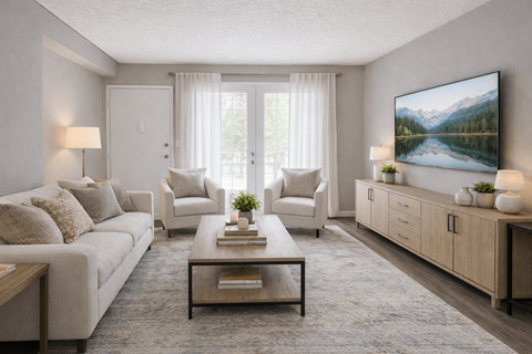 A living room with a large painting on the wall and a view of a lake.