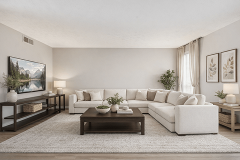 A living room with a white couch, a coffee table, and a painting on the wall.
